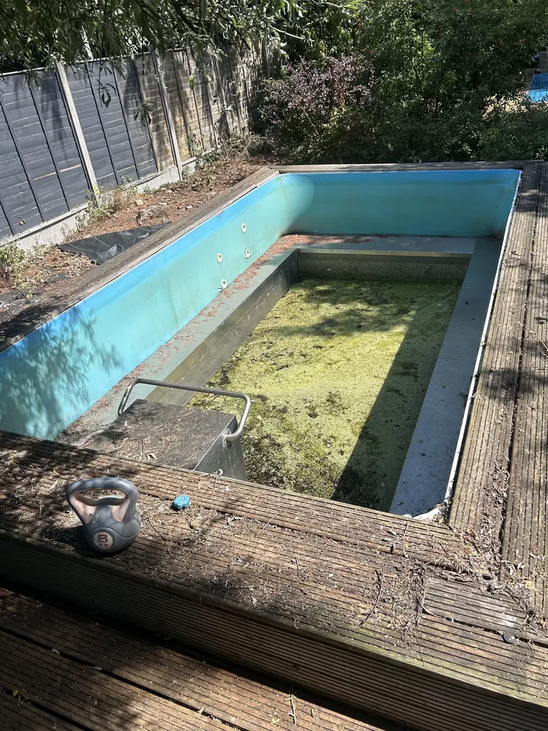 Garden plunge pool with green water and debris before cleaning