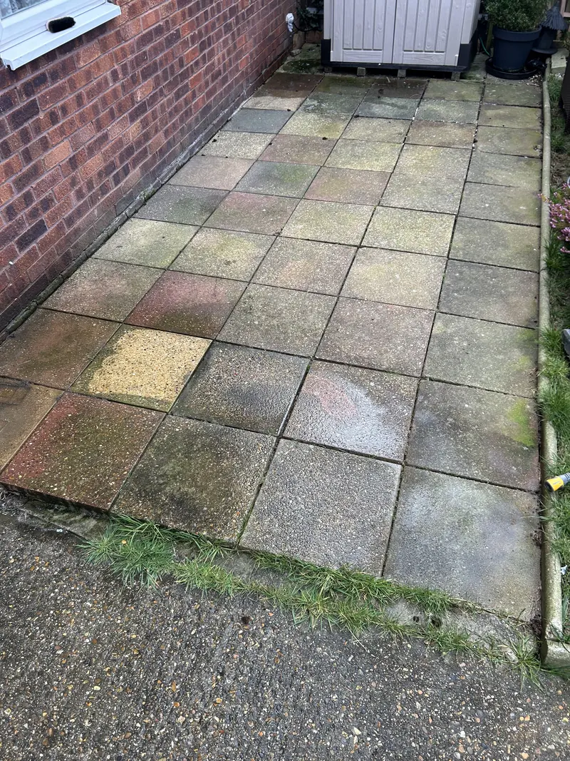 Paving slab patio beside a brick wall with green algae staining before cleaning