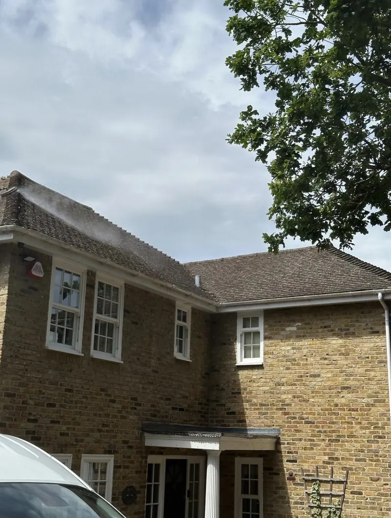 Brick house with a porch roof and sash windows
