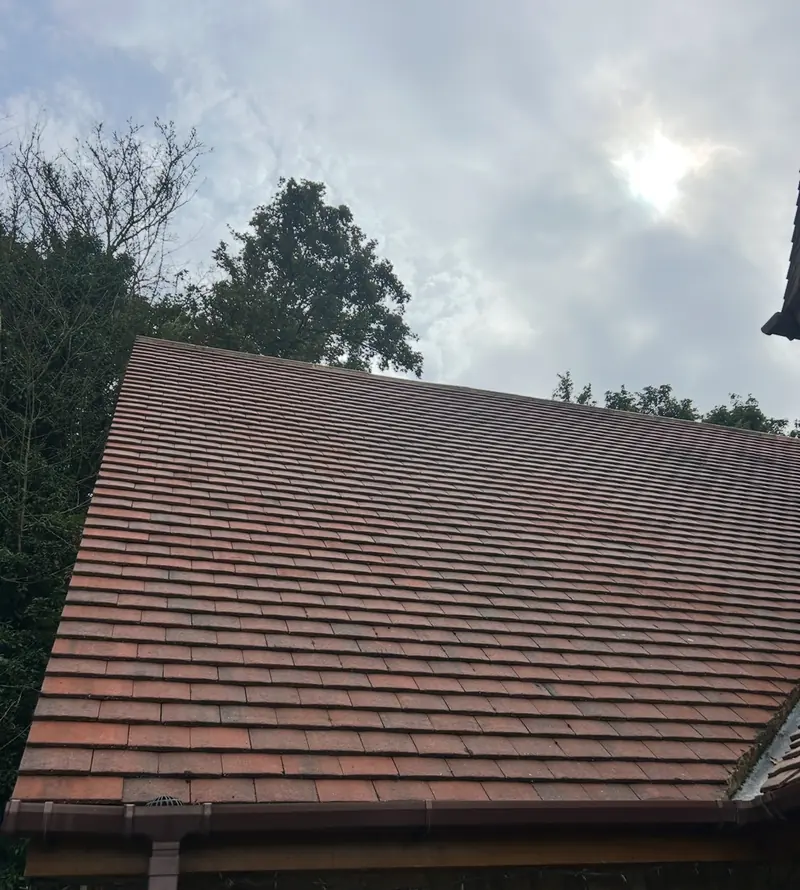 Red tiled roof slope with a gutter along the eaves