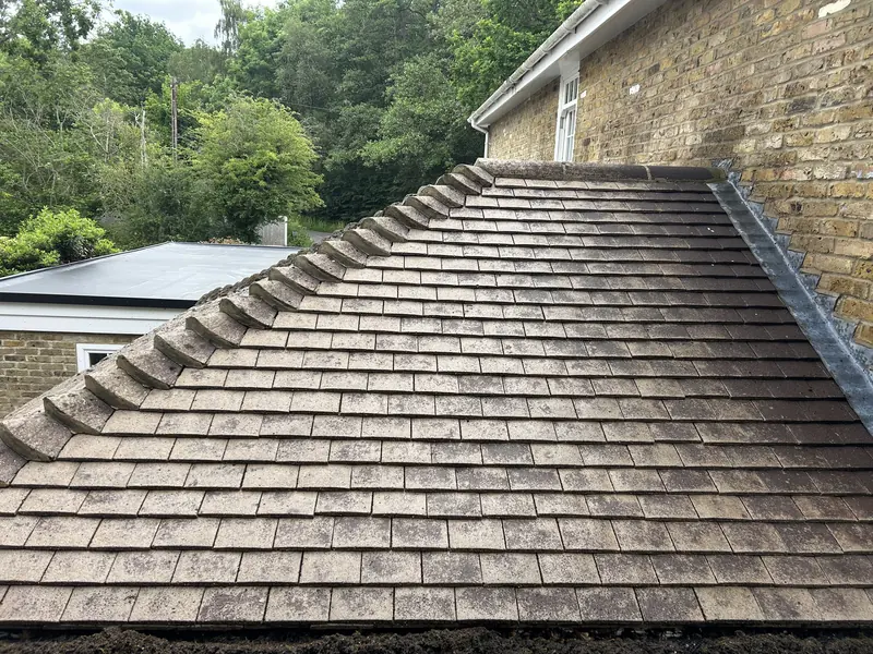 Tiled roof above a flat-roof extension