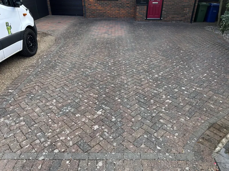 Red herringbone driveway with lichen spots before cleaning