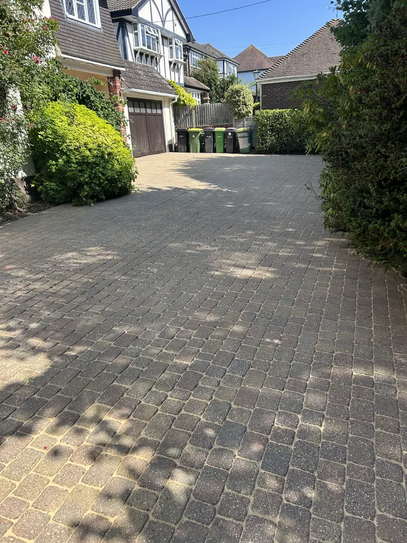 Block-paved driveway between shrubs leading to a garage