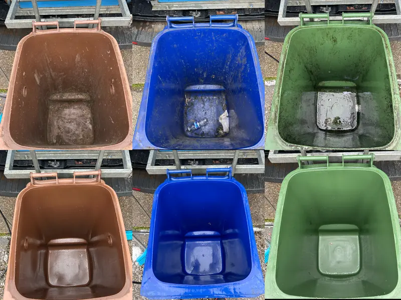 Brown, blue and green wheelie bins shown dirty on top and clean below